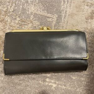 VTG Princess Gardner Cowhide Black Leather Trifold Kiss Lock Wallet Gold Metal